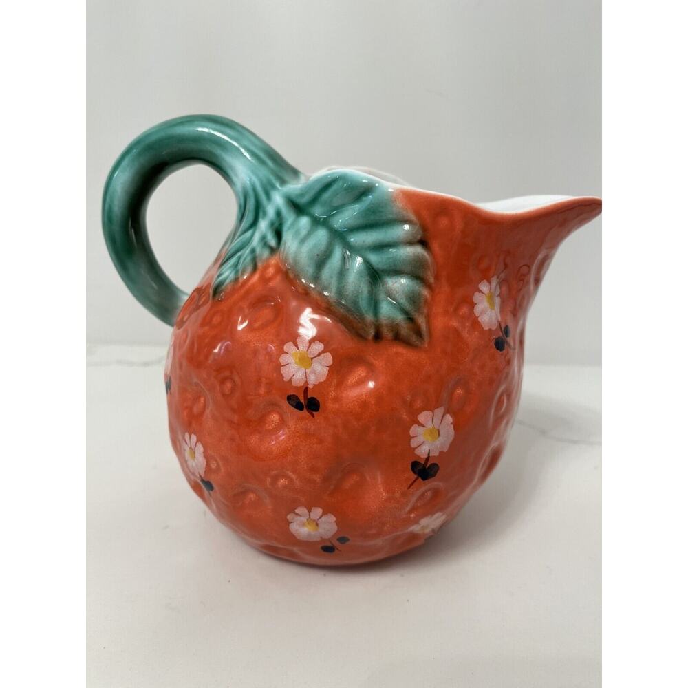 Hand-Painted Italy Glazed Ceramic Coral/Green Leaves Pitcher w Handle